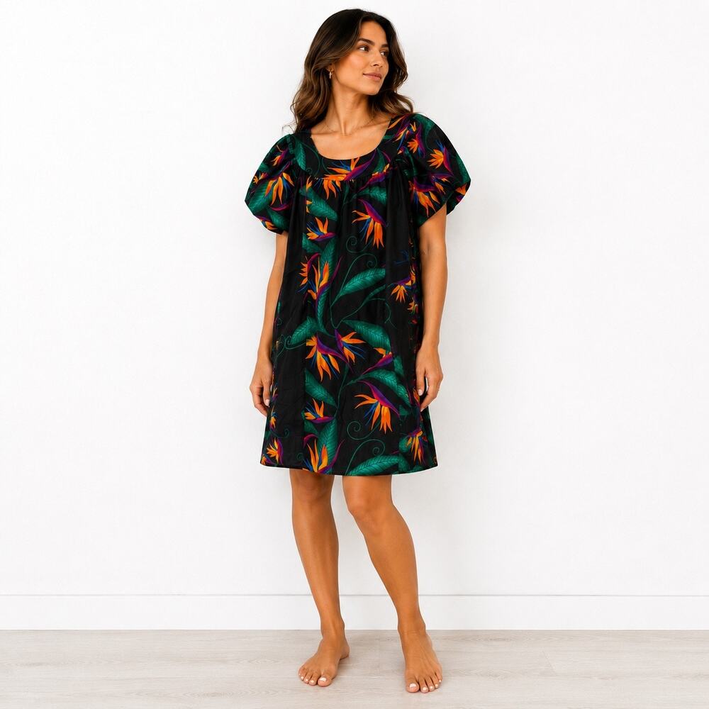 Hilo Hattie Black Bird of Paradise Vintage Hawaiian Dress Sz M